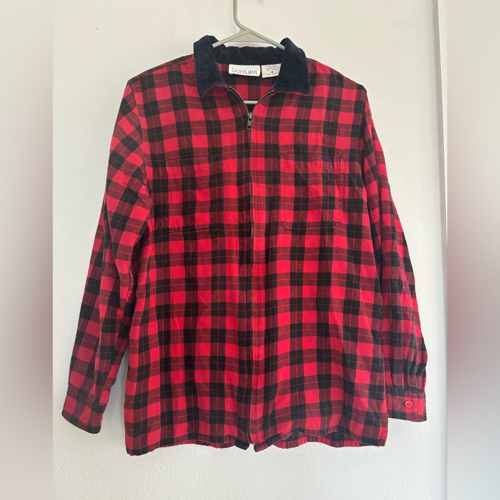 CASEY & MAX VINTAGE RED/BLACK BUFFALO PLAID ZIP UP FRONT LONG SLEEVE SZ MEDIUM